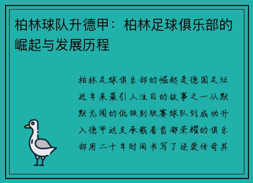 柏林球队升德甲：柏林足球俱乐部的崛起与发展历程